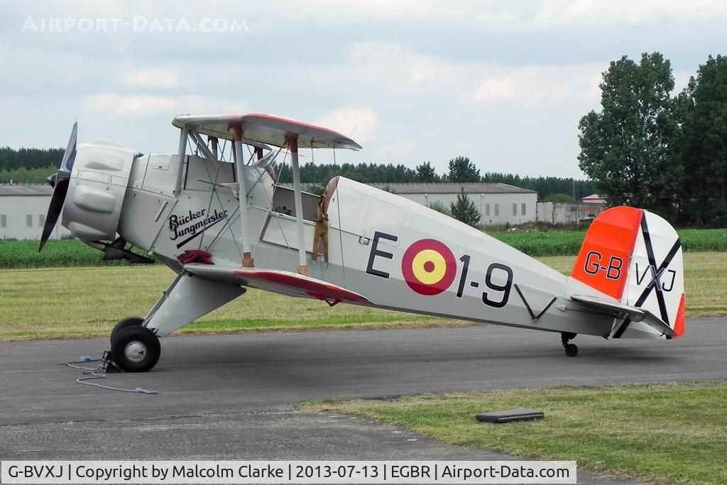 G-BVXJ, 1937 Bucker Bu-133C Jungmeister C/N E-19, CASA 1-133C Jungmeister at The Real Aeroplane Company's Bucker Fest, Breighton Airfield, July 13 2013.