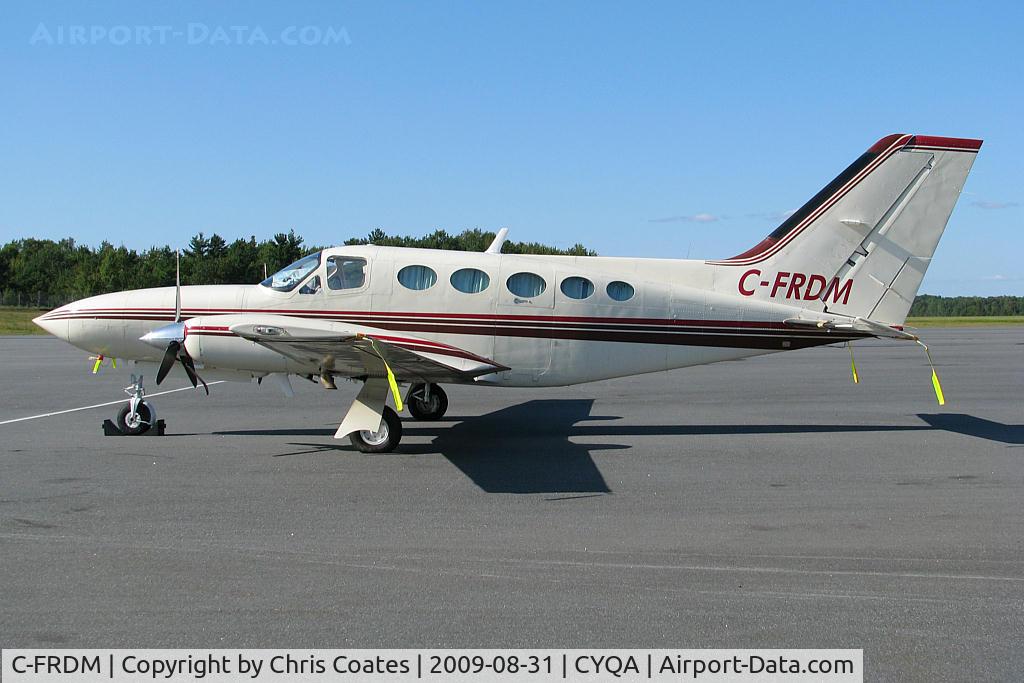 C-FRDM, 1985 Cessna 414A Chancellor C/N 414A1212, This cool Chancellor was visiting from busy Toronto to the south. It was resting on the main terminal ramp here at cool Muskoka Airport. This was the last Chancellor ever made & thus was given a special interior.