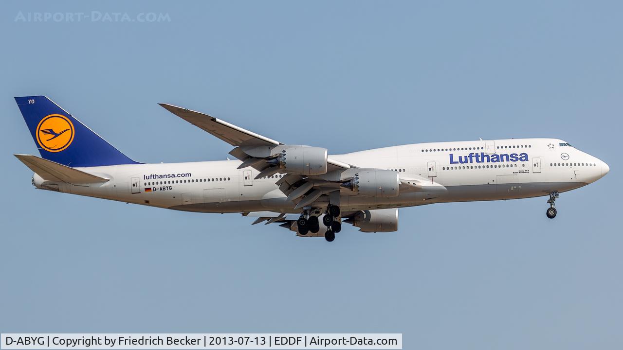 D-ABYG, 2013 Boeing 747-830 C/N 37831, on final at Frankfurt