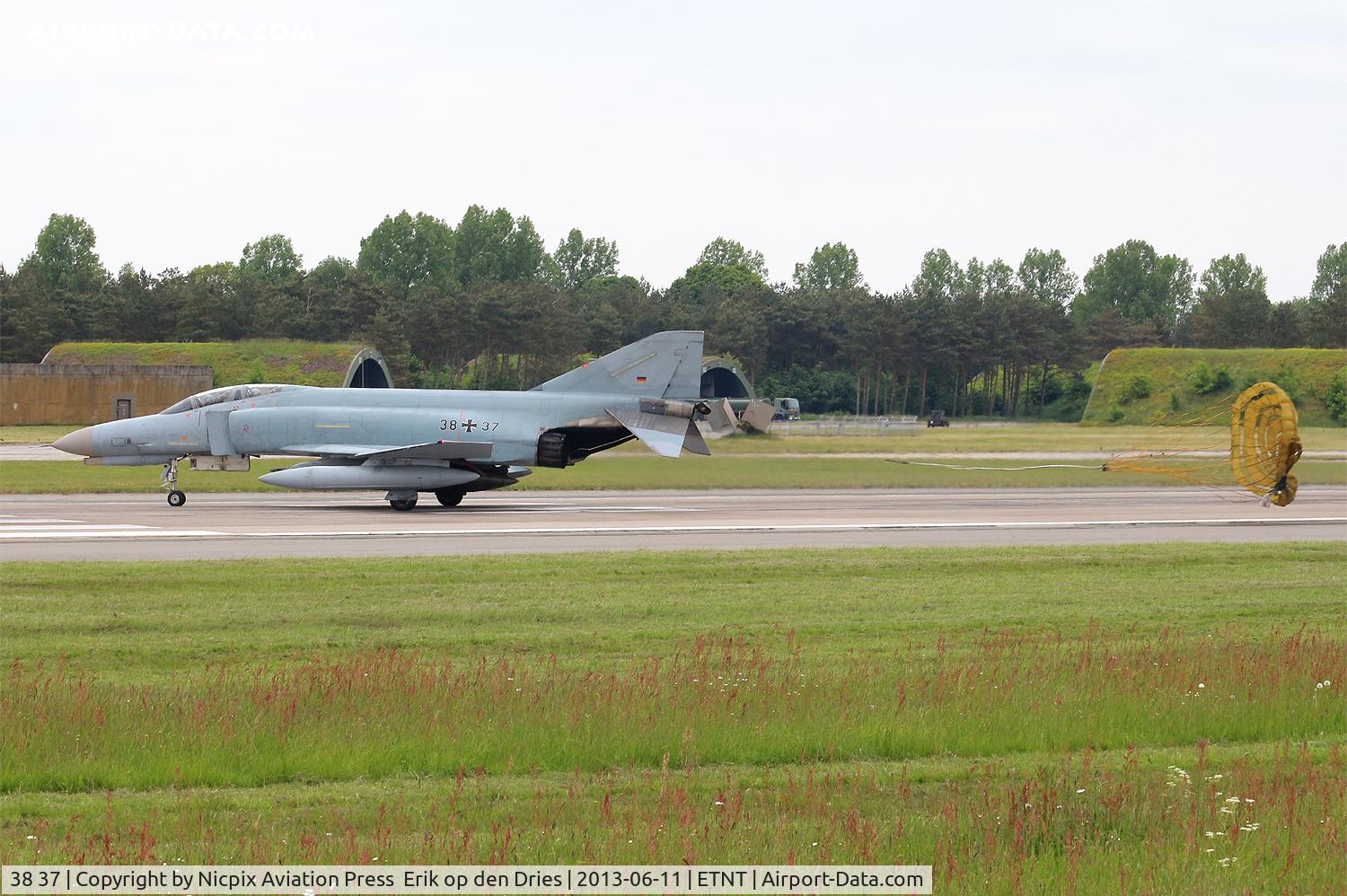 38 37, 1972 McDonnell Douglas F-4F Phantom II C/N 4716, 3837 blasting the dragchute away after landing at Wittmund AB.