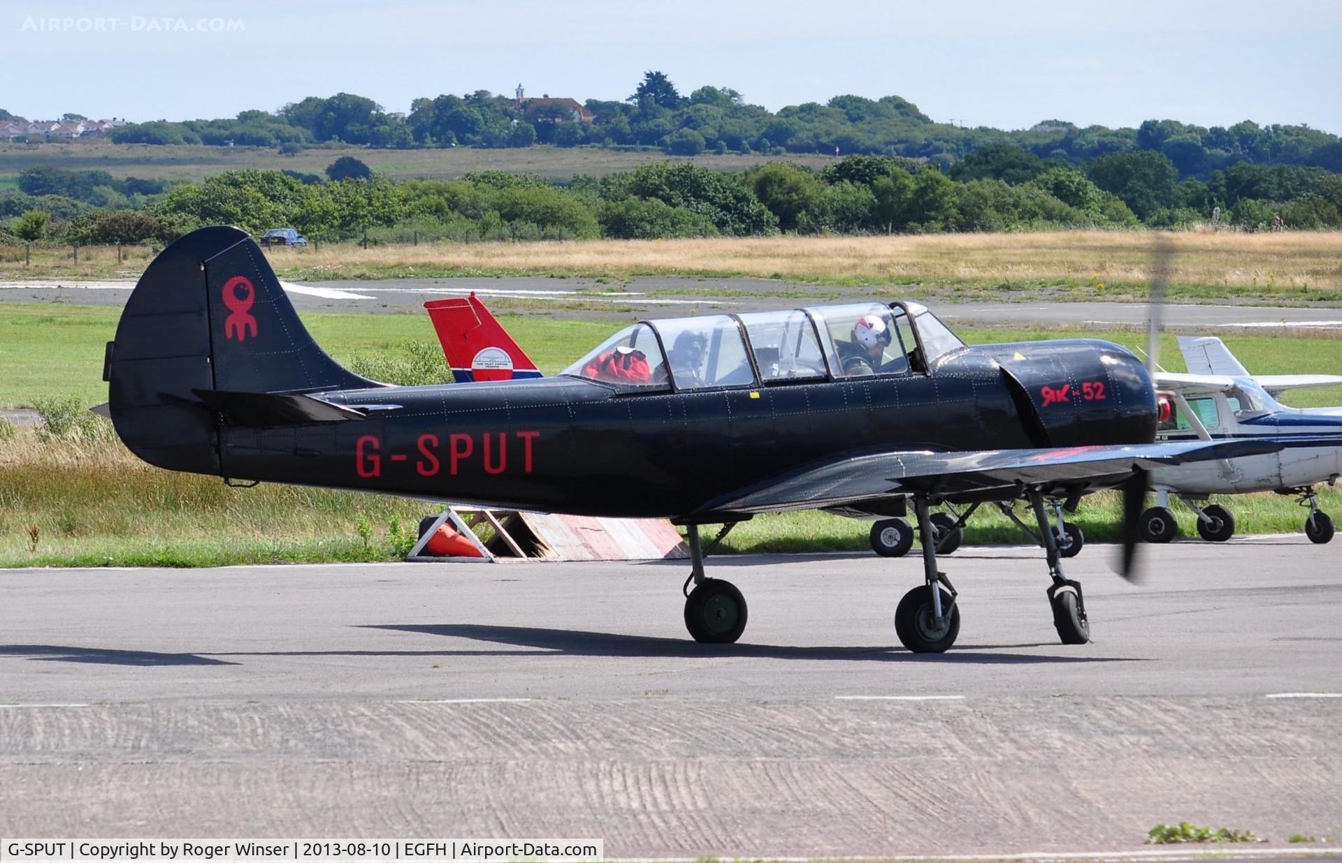 G-SPUT, 1991 Yakovlev (Aerostar) Yak-52 C/N 9111608, Visiting Yak-52. Former Swansea Airport resident, registered G-BXAV at the time.
