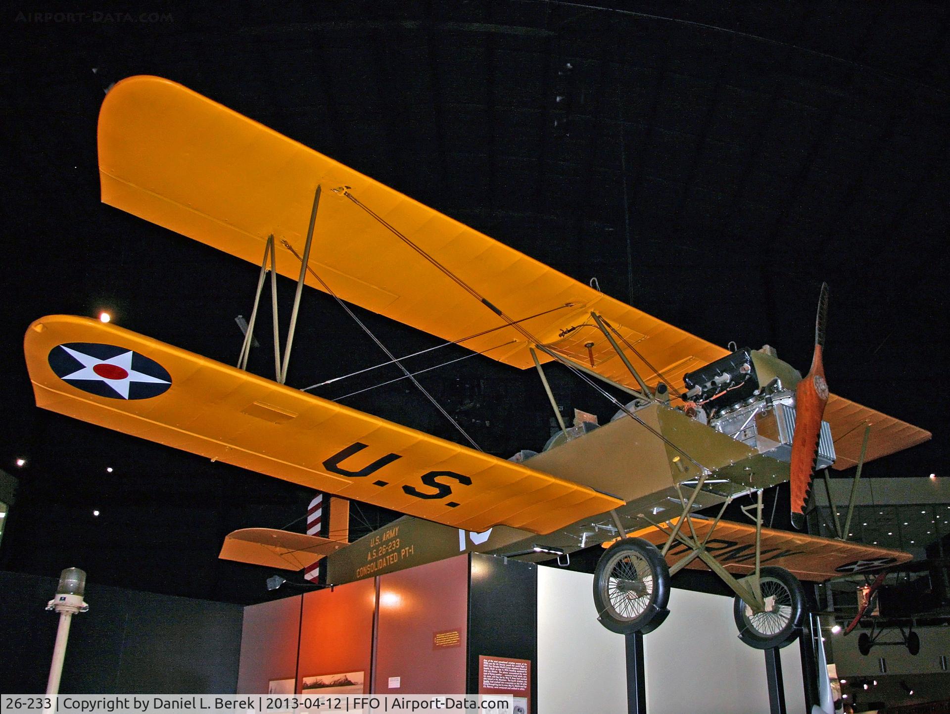 26-233, 1926 Consolidated PT-1 Trusty C/N Not found 26-0233, This faithful trainer has been restored and preserved at the USAF Museum in Dayton.
