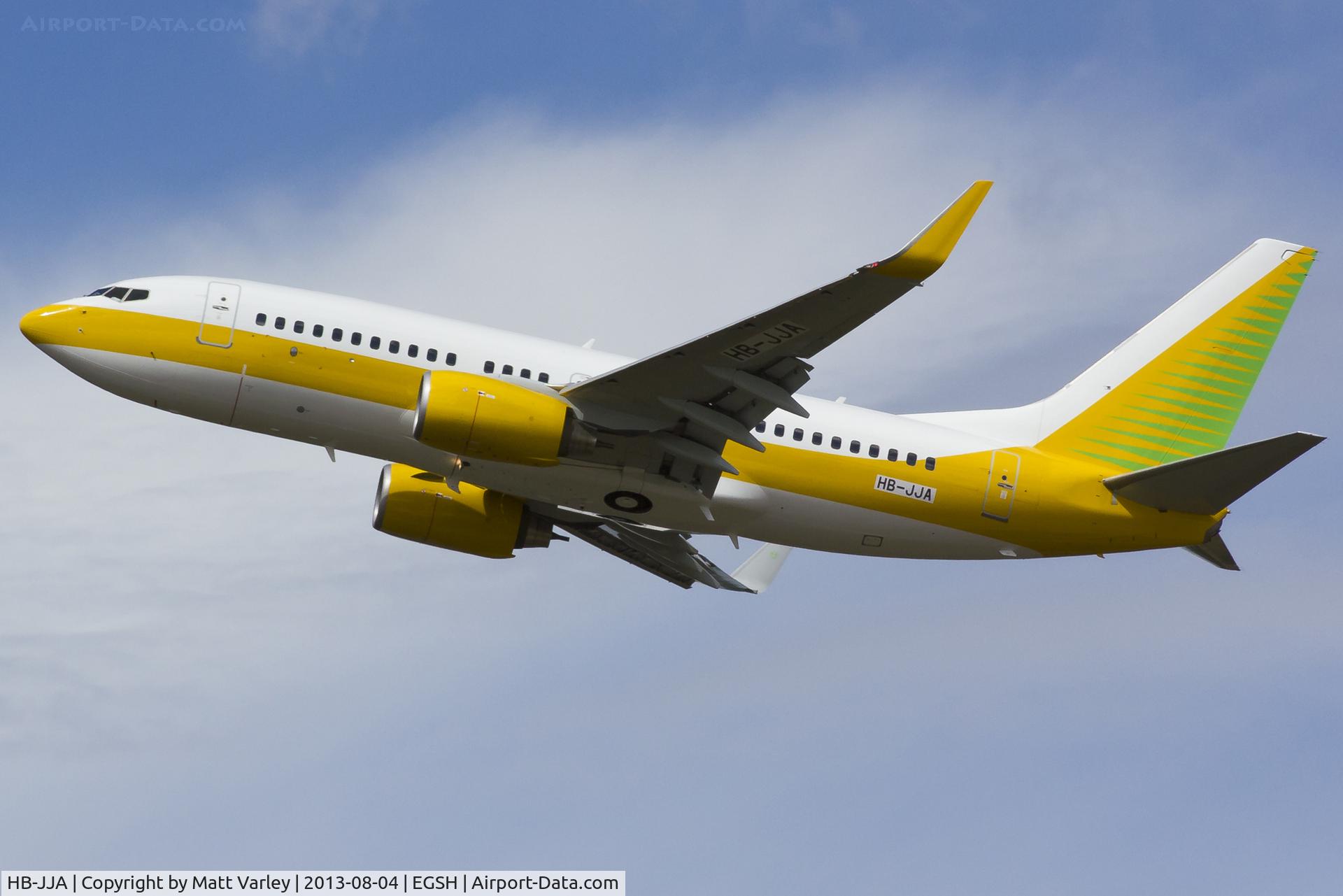 HB-JJA, 2005 Boeing 737-7AK BBJ C/N 34303, Departing EGSH after spray, To become VQ-BBS of Gama Aviation...