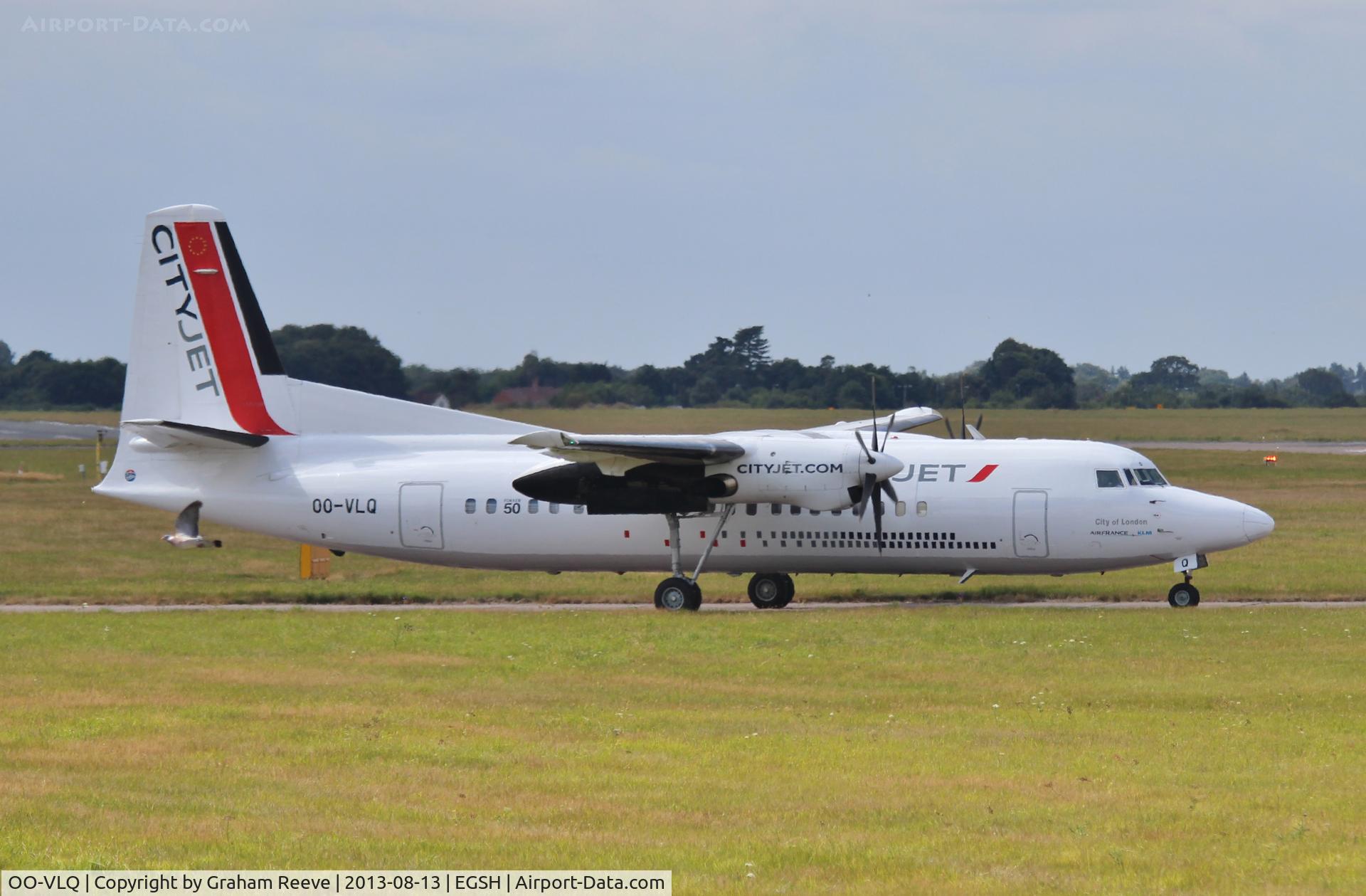 OO-VLQ, 1989 Fokker 50 C/N 20159, About to depart from Norwich.