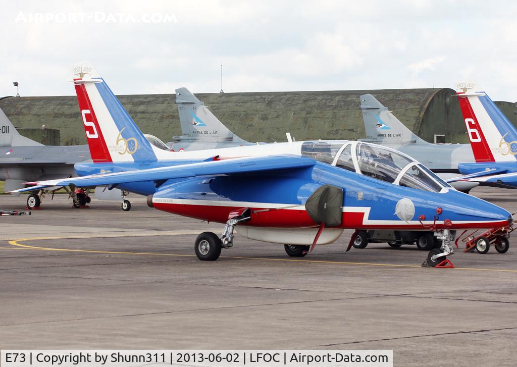 E73, Dassault-Dornier Alpha Jet E C/N E73, Now in full PdF c/s... Parked during LFOC Open Day 2013 before PdF Airshow... Additional 60th anniversary patch...