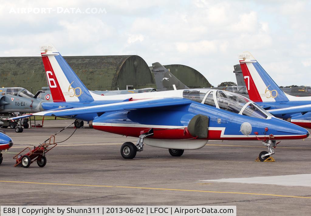 E88, Dassault-Dornier Alpha Jet E C/N E88, Now in full PdF c/s... Parked during LFOC Open Day 2013 before PdF Airshow... Additional 60th anniversary patch...