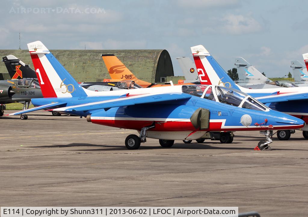 E114, Dassault-Dornier Alpha Jet E C/N E114, Parked during LFOC Open Day 2013 before PdF Airshow... Additional 60th anniversary patch...
