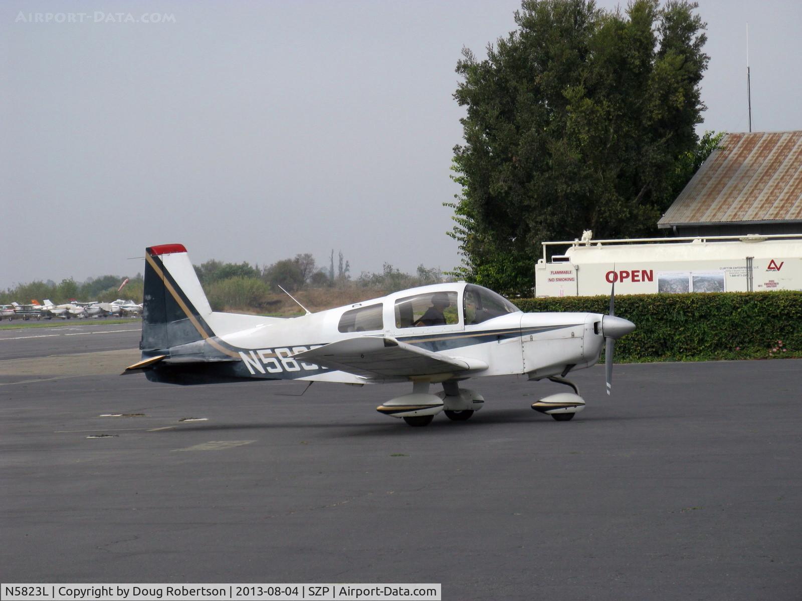 N5823L, American AA-5 C/N AA5-0023, 1972 Grumman American AA-5 TRAVELER, Lycoming O-320-E2G 150 Hp, taxi after landing Rwy 22