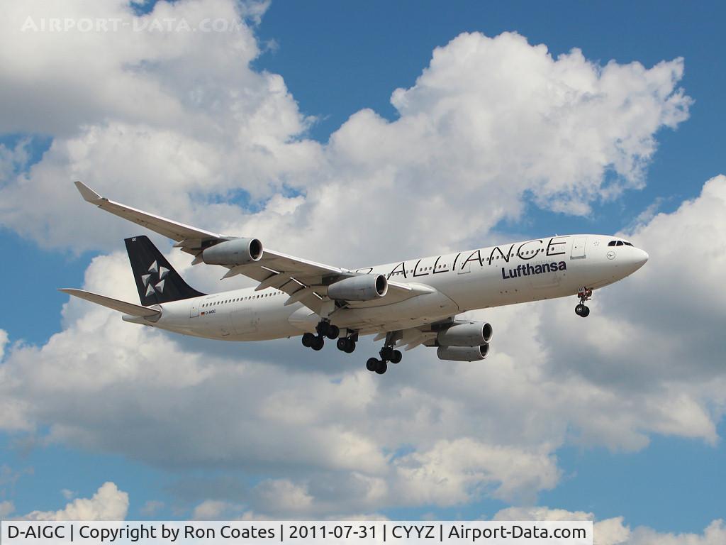 D-AIGC, 1993 Airbus A340-311 C/N 027, Air Alliance (Lufthansa) Airbus A340 landing on rwy 23 at Toronto Int'l Airport