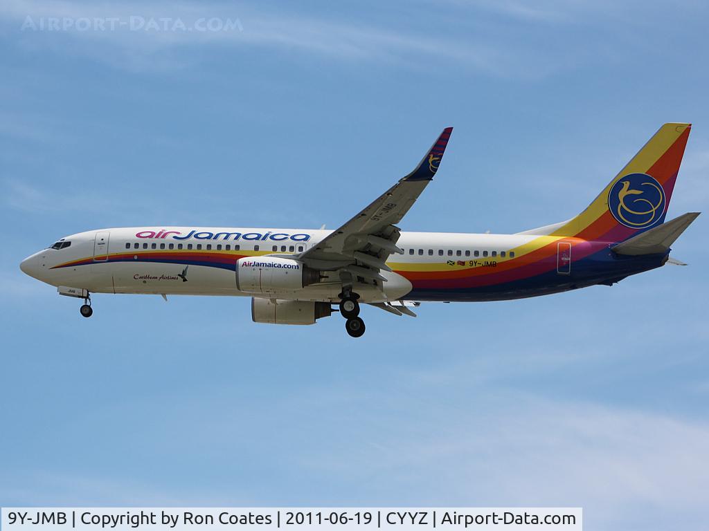 9Y-JMB, 2002 Boeing 737-8Q8 C/N 30661, This Caribbean Airlines (Air Jamaca) 2002 Boeing 737 prepares to land on rwy 33L at Toronto Int'l Airport