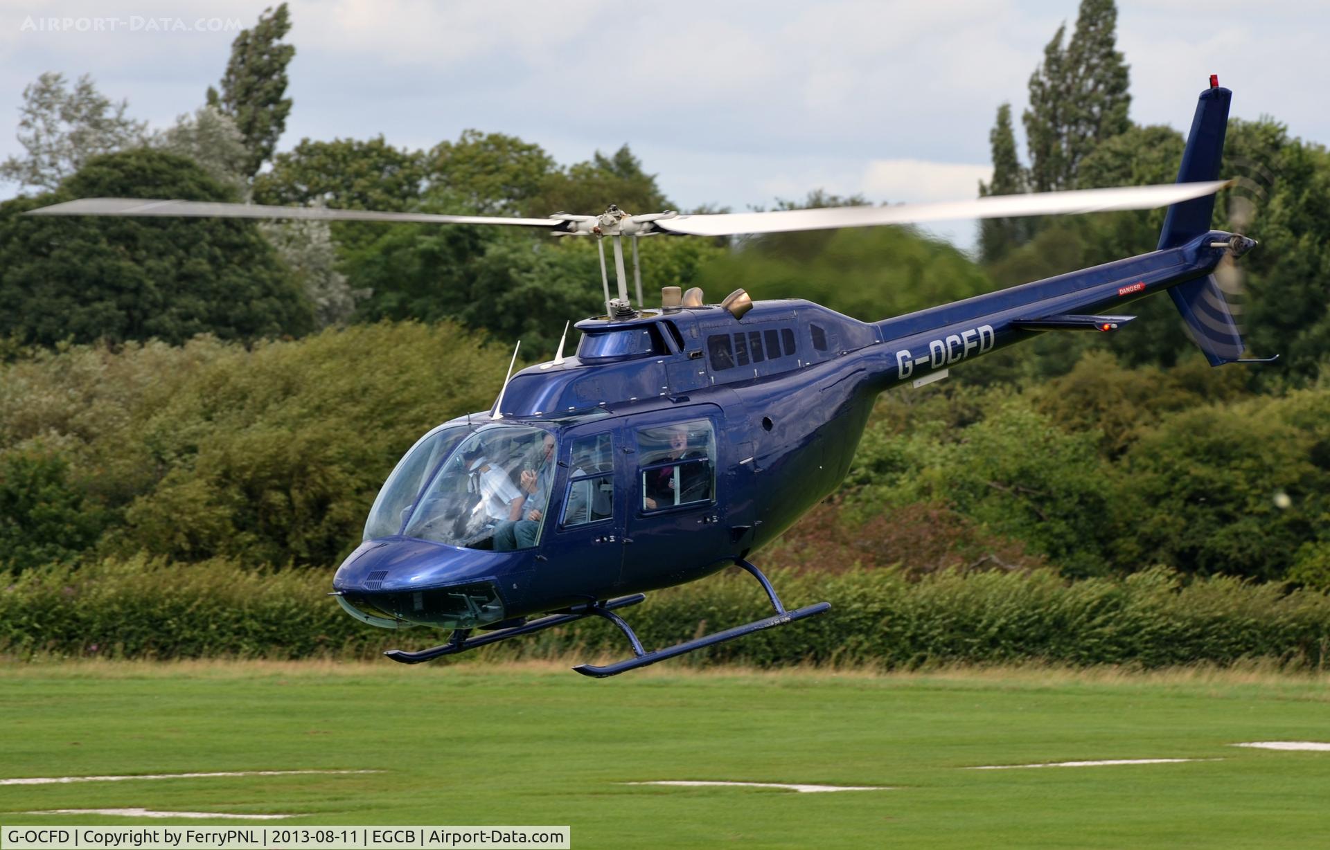 G-OCFD, 1980 Bell 206B JetRanger III C/N 3165, B206 taking-off from Barton, Manchester city Airport