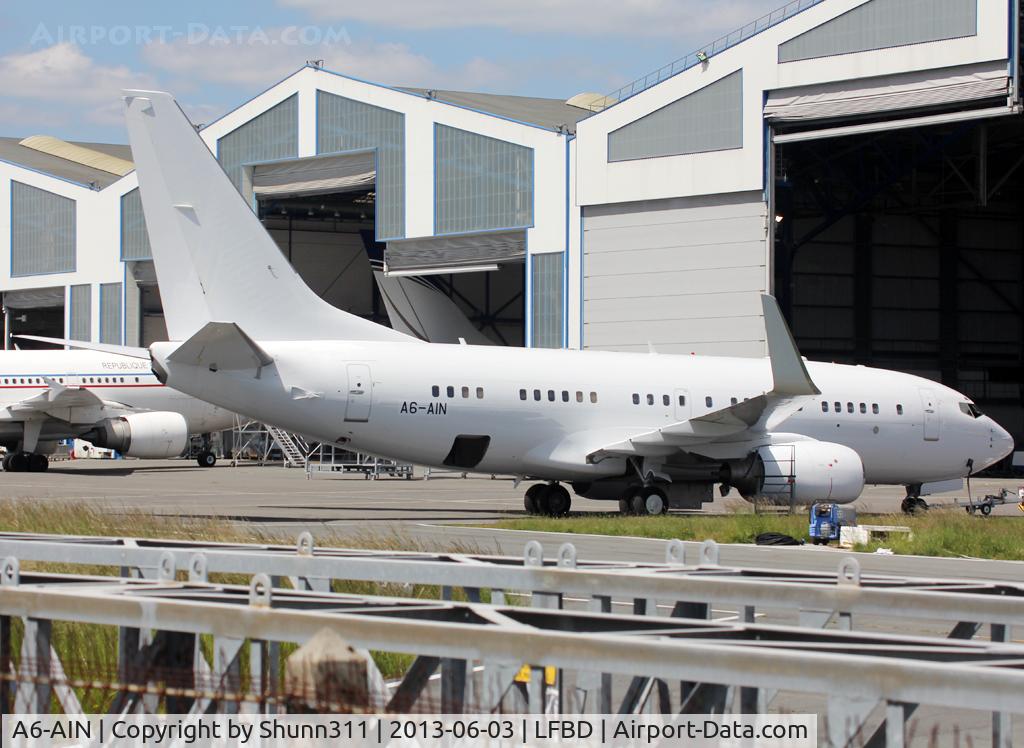 A6-AIN, 1999 Boeing 737-7Z5 BBJ C/N 29268, Parked at Sabena Technics for maintenance... All white c/s...