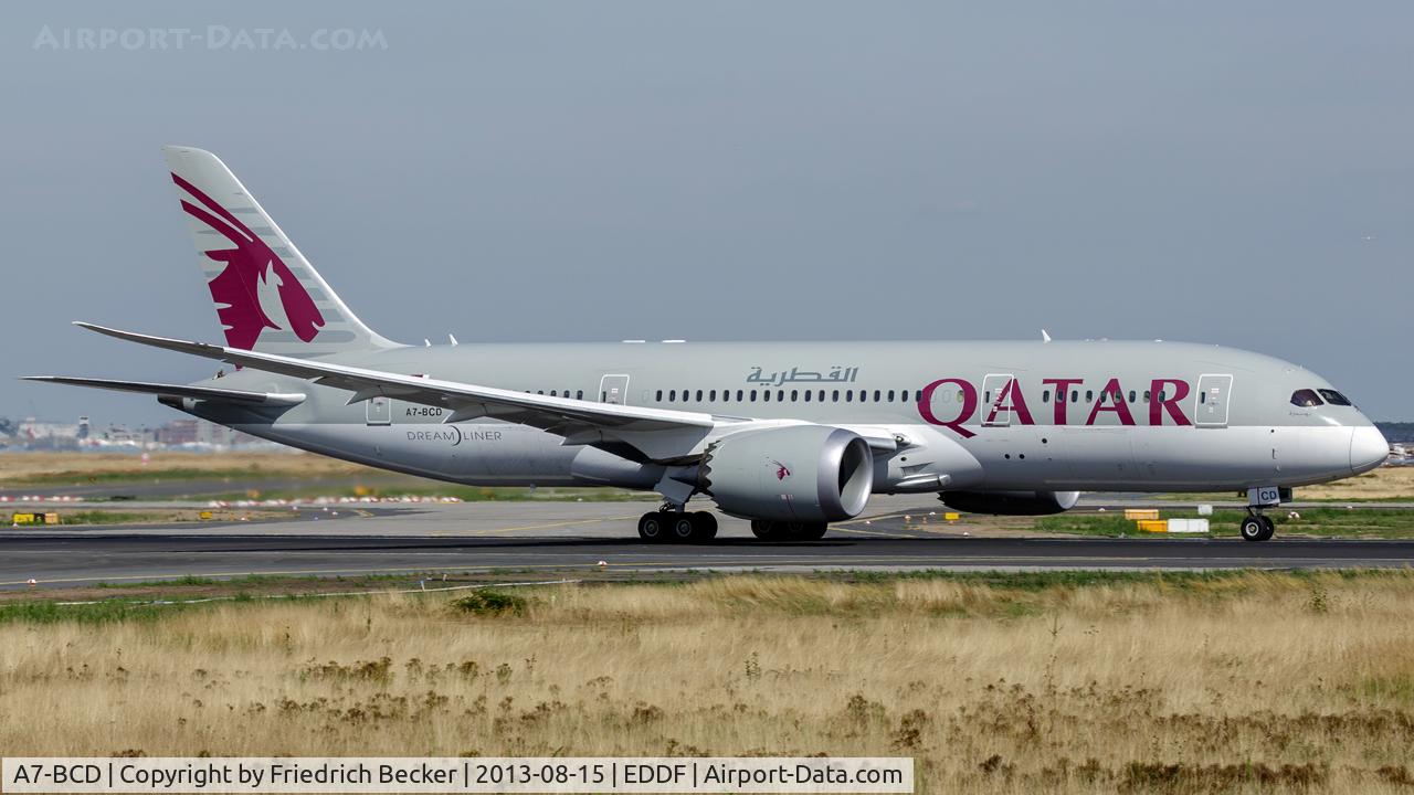 A7-BCD, 2013 Boeing 787-8 Dreamliner C/N 38322, departure from Frankfurt