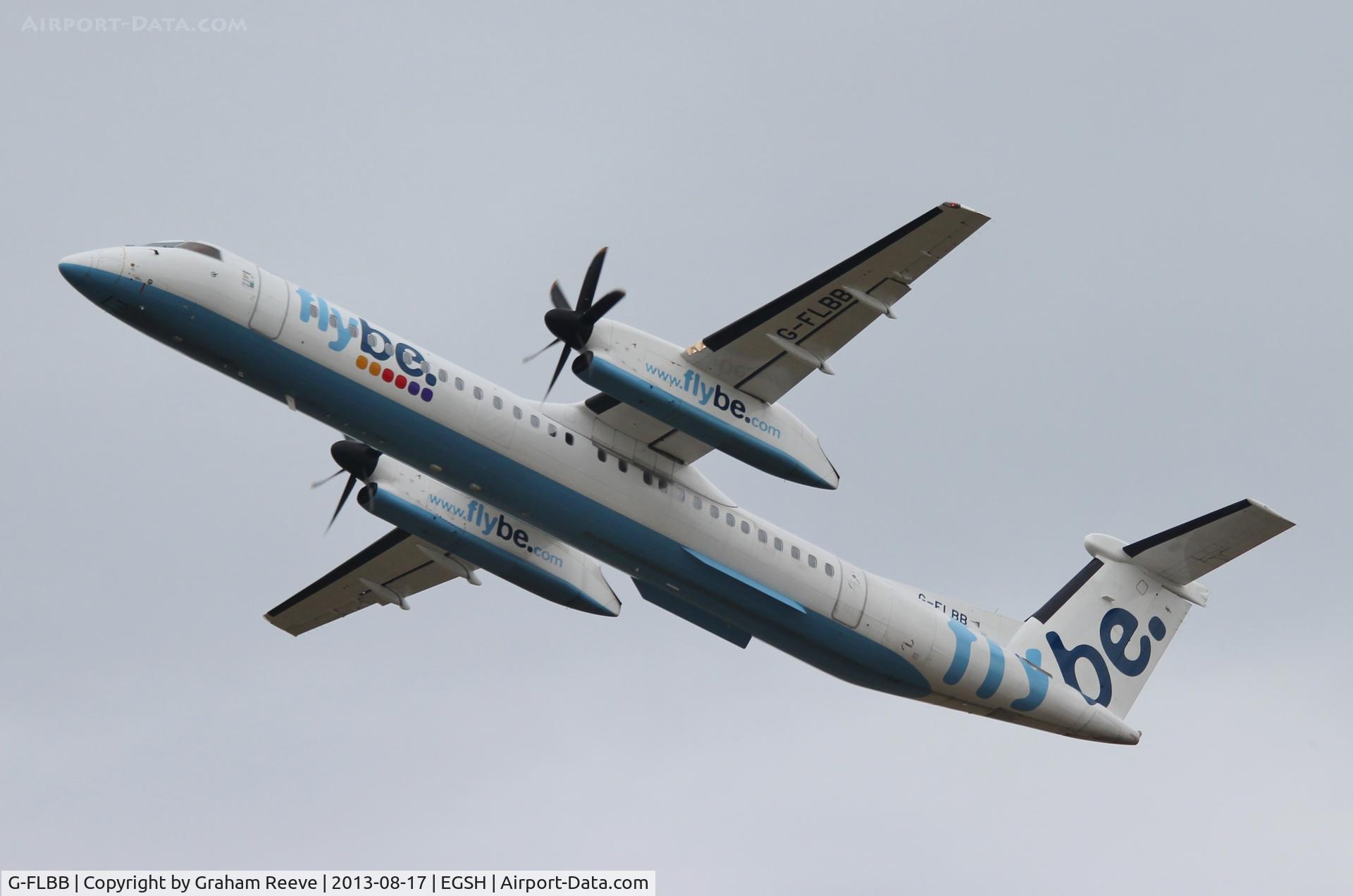 G-FLBB, 2009 De Havilland Canada DHC-8-402Q Dash 8 C/N 4255, Departing from Norwich.