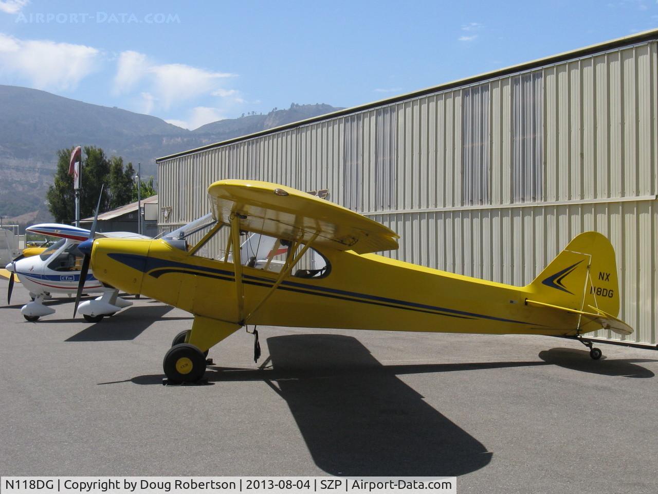 N118DG, 2008 Piper PA-18 Replica C/N 001, 2008 Ganzer XPA18, Continental O-200 100 Hp, wing Micro-Vortex generators, at Aviation Museum of Santa Paula ramp