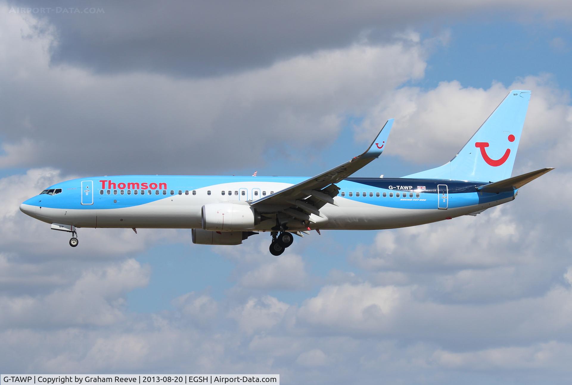 G-TAWP, 2013 Boeing 737-8K5 C/N 37257, On finals to land at Norwich.