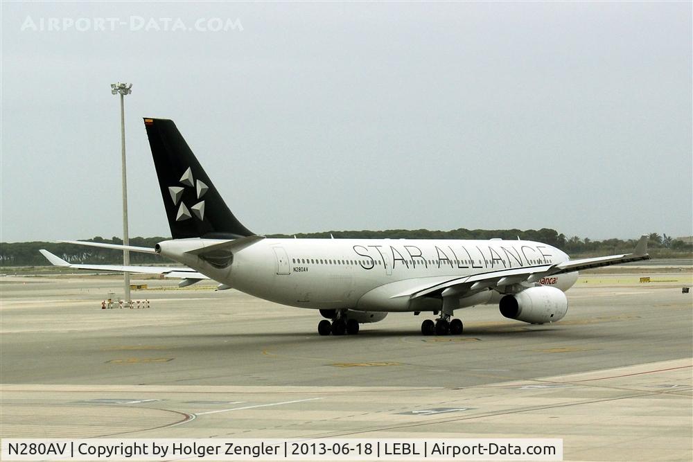 N280AV, 2013 Airbus A330-243 C/N 1400, Leaving LEBL for a long ride to Bogotá.....