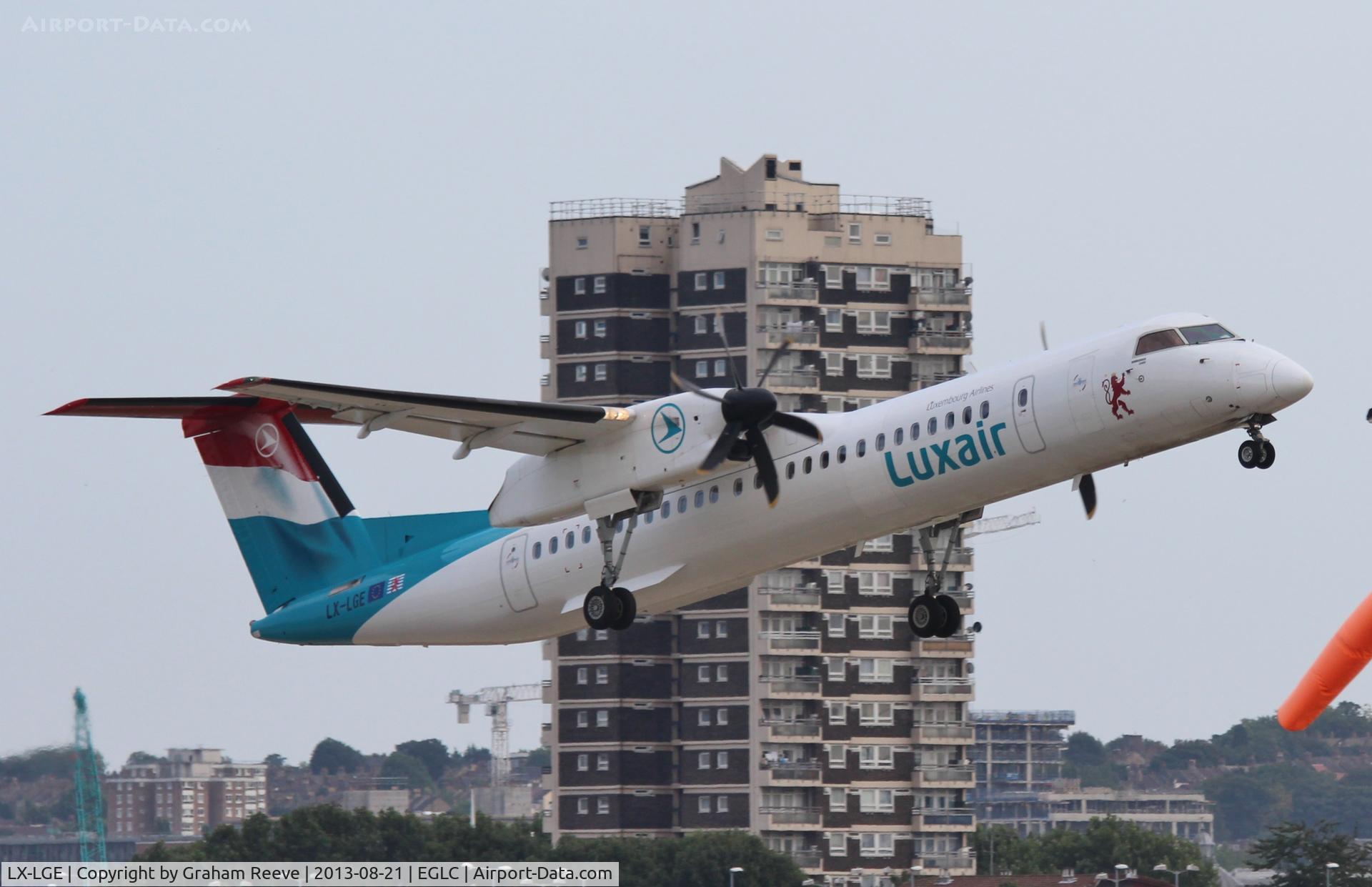 LX-LGE, 2009 De Havilland Canada DHC-8-402Q Dash 8 C/N 4284, Departing from London City.