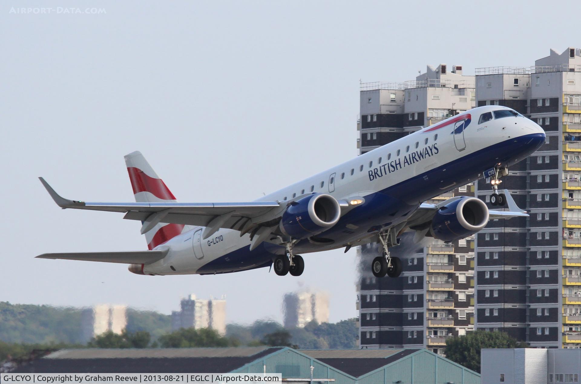 G-LCYO, 2011 Embraer 190SR (ERJ-190-100SR) C/N 19000430, Departing from London City.