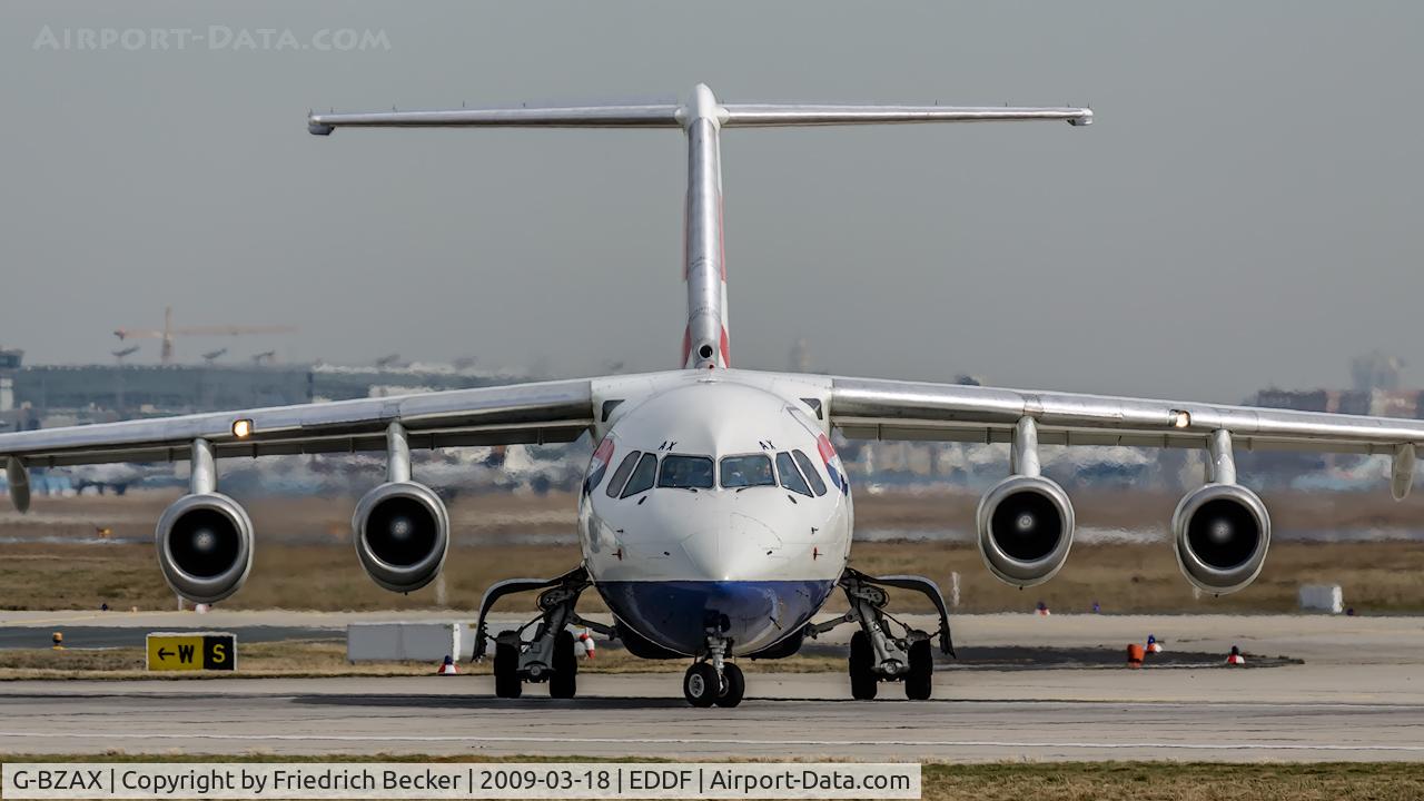 G-BZAX, 1999 British Aerospace Avro 146-RJ100 C/N E3356, line up for departure
