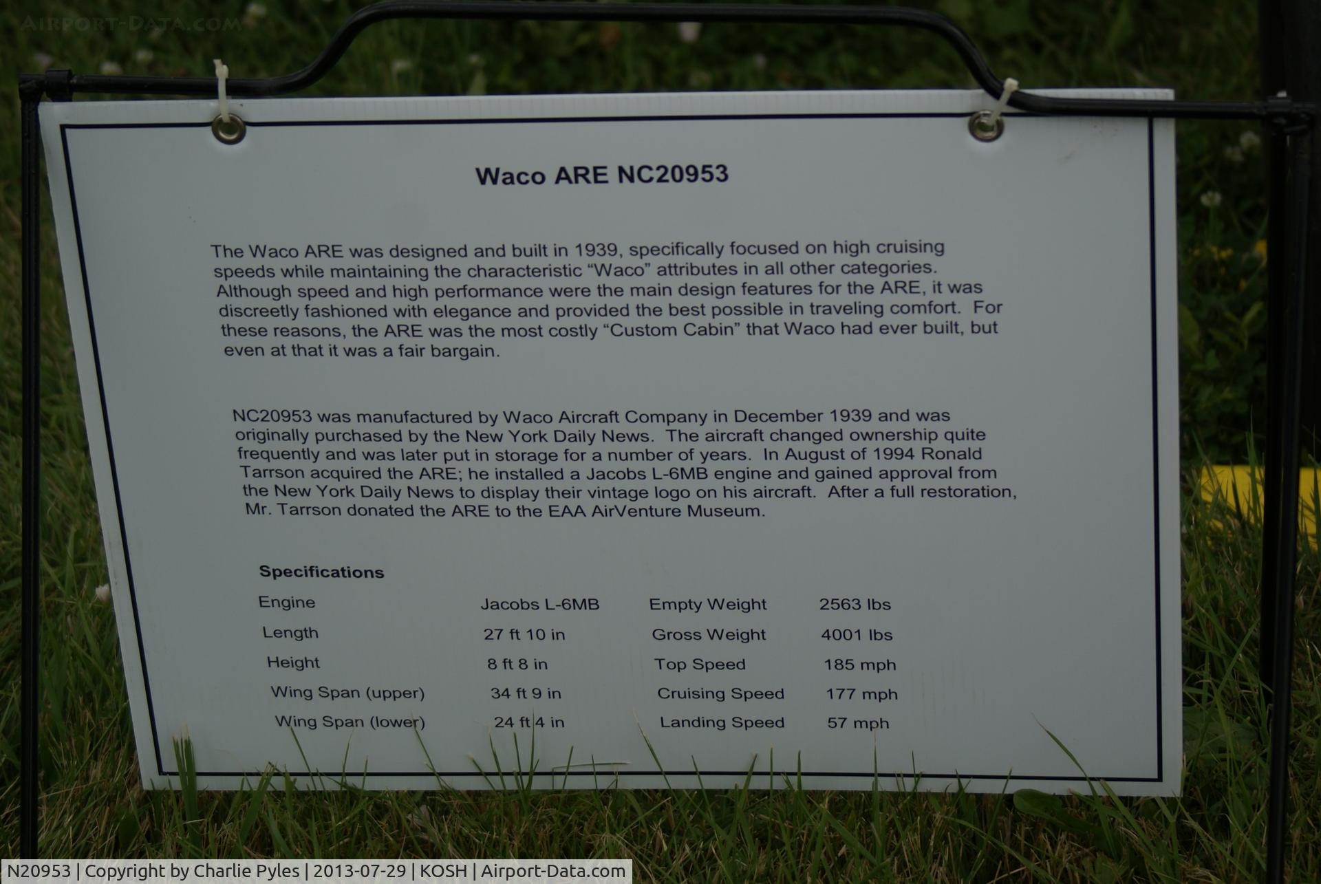 N20953, 1939 Waco ARE C/N 5080, Here's great information for those of you unlucky not to have seen it in person.