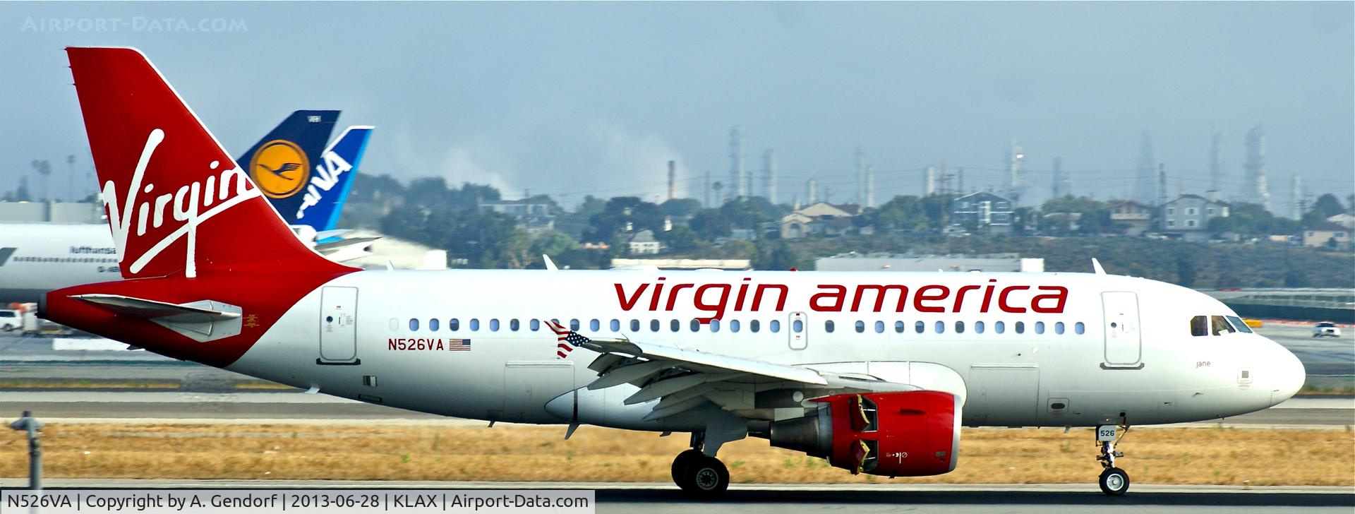 N526VA, 2008 Airbus A319-112 C/N 3347, Virgin America, is slowing down after landing on RWY 24R at Los Angeles Int´l(KLAX)