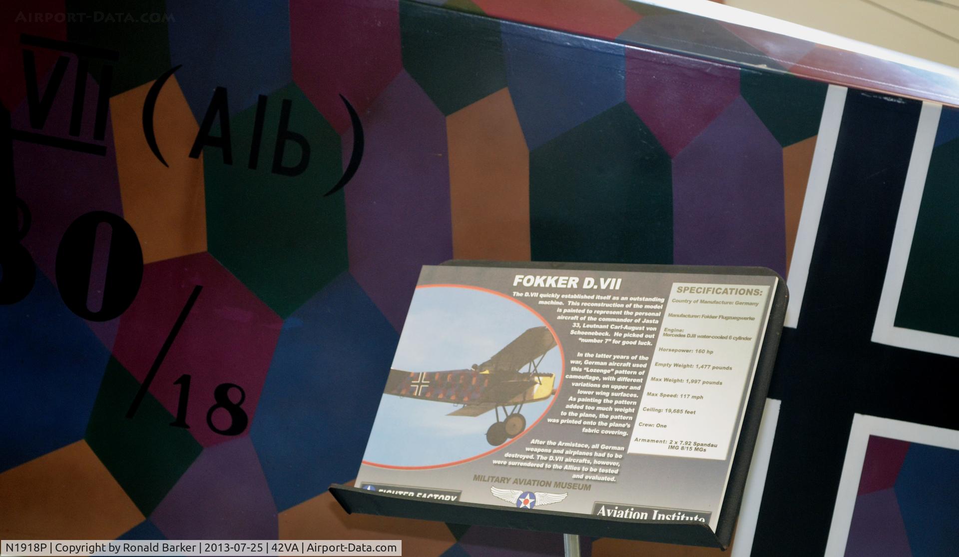 N1918P, 1991 Fokker D-VII Replica C/N 6880, Military Aviation Museum, Pungo, VA