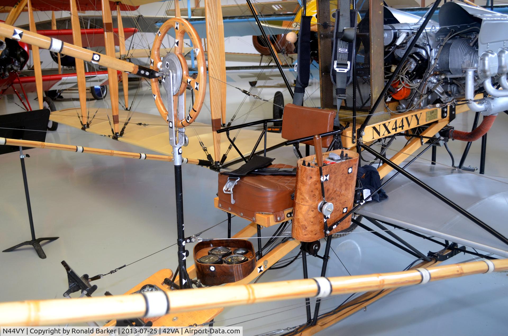 N44VY, Curtiss D Pusher Replica C/N 01BC, Control yokje and pilot seat, Military Aviation Museum, Pungo,, VA