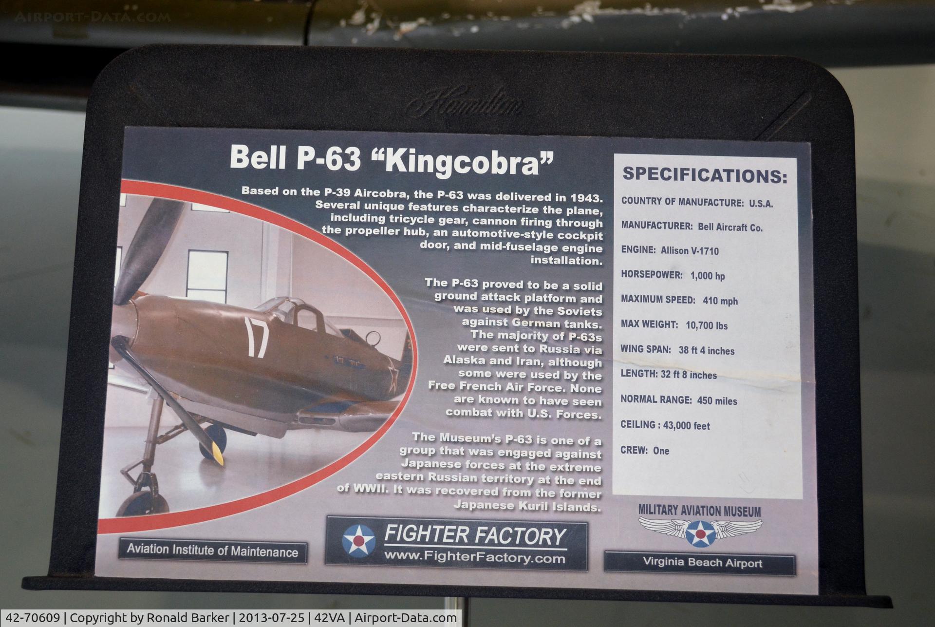 42-70609, 1942 Bell P-63C Kingcobra C/N Not found 42-70609, Military Aviation Museum, Pungo, VA