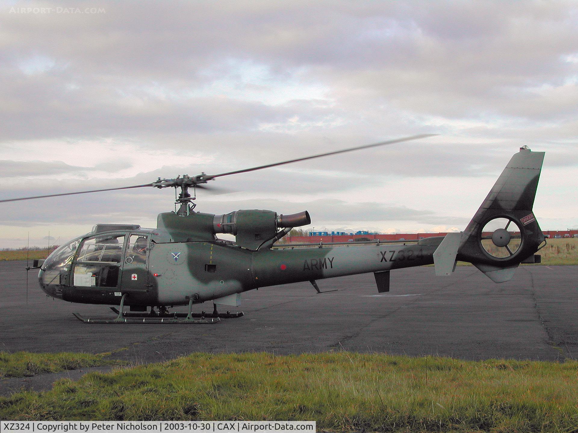 XZ324, 1977 Westland SA-341B Gazelle AH1 C/N 1634, Gazelle AH.1 staging through Carlisle in October 2003.