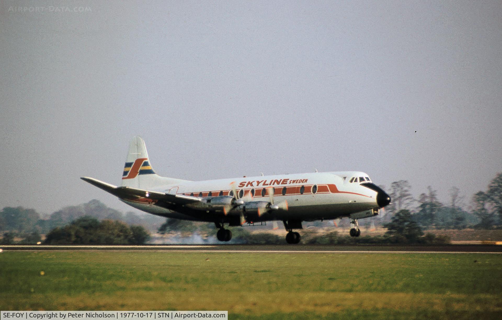 SE-FOY, 1958 Vickers Viscount 814 C/N 338, Viscount 814 of Skyline at Stansted in October 1977.