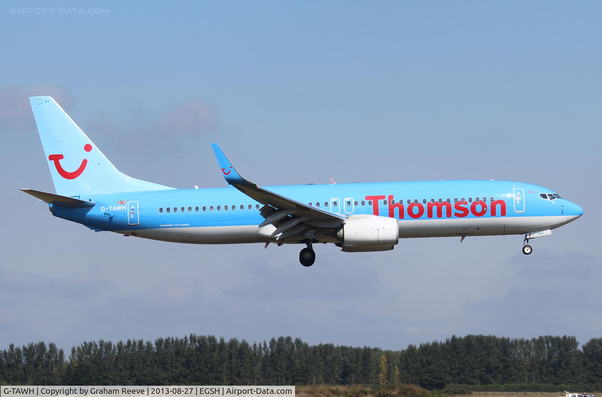 G-TAWH, 2012 Boeing 737-8K5 C/N 38107, About to land at Norwich.