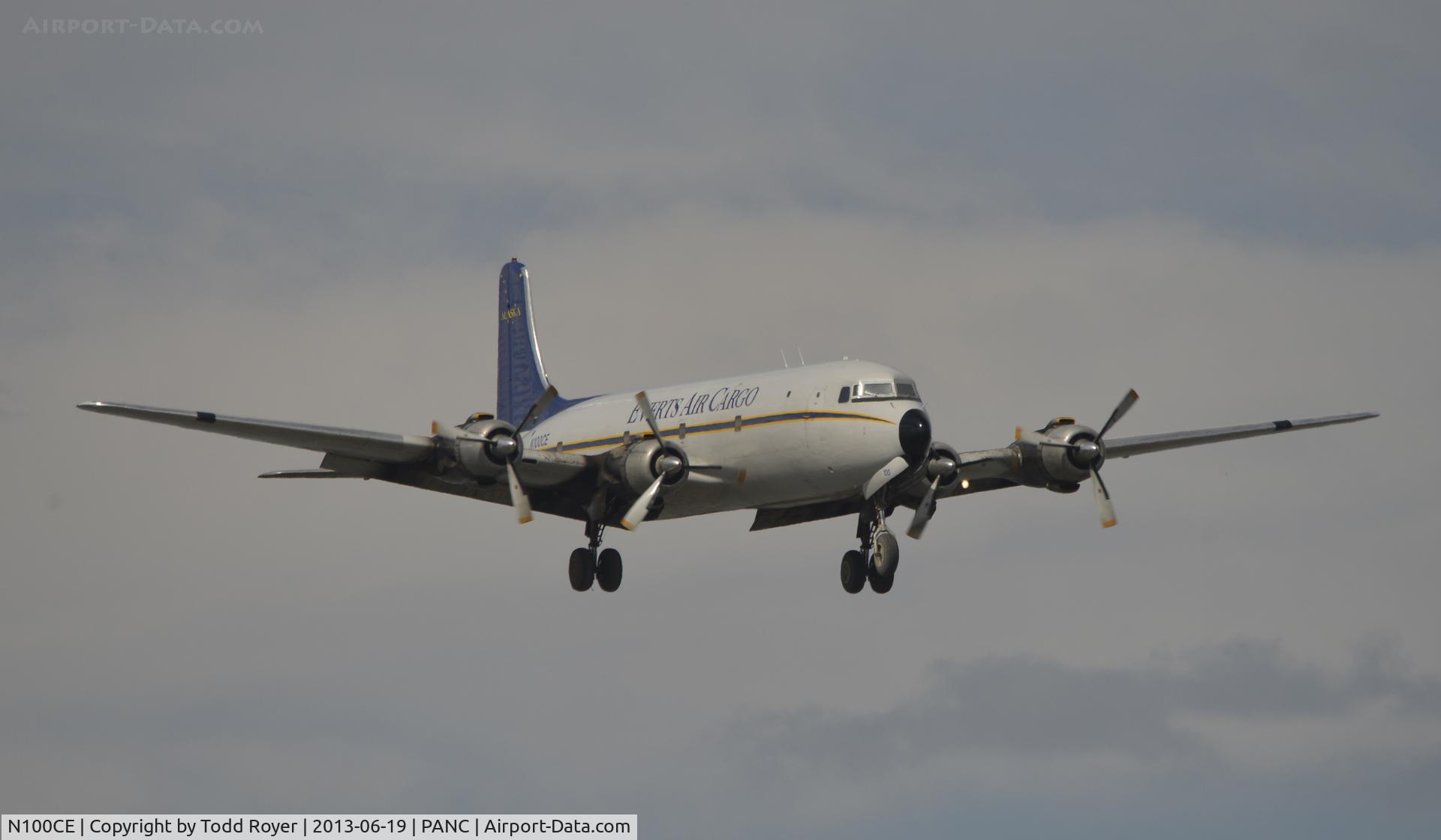 N100CE, 1953 Douglas C-118A Liftmaster (DC-6A) C/N 44662, Arriving at Anchorage