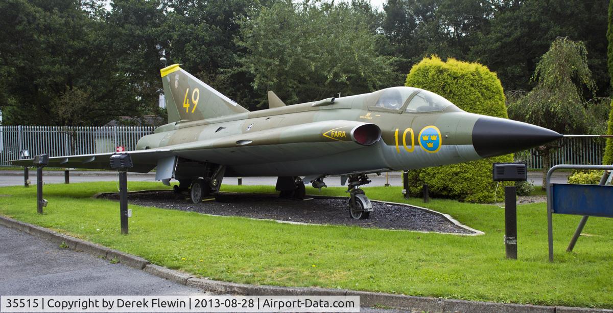 35515, Saab J-35F Draken C/N 0604, Saab J-35F Draken,  Yellow 10 confirms this ac was part of the Swedish Air Force's 10th Air Force Wing. Gate Guard at AirBorne Systems Europe (ex IrvinGQ) Many thanks to KJ in the HR Dept for giving permission to take the photographs.