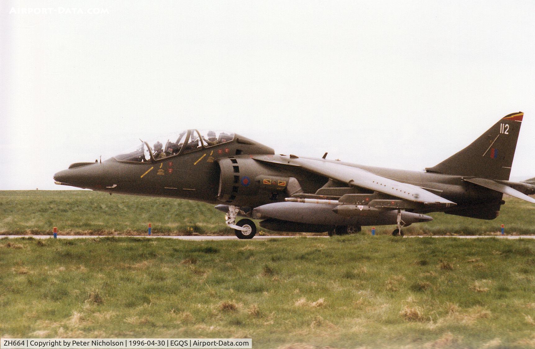 ZH664, 1995 British Aerospace Harrier T.10 C/N TX012, Harrier T.10 of 4 Squadron at RAF Wittering taxying to Runway 05 at RAF Lossiemouth in April 1996.