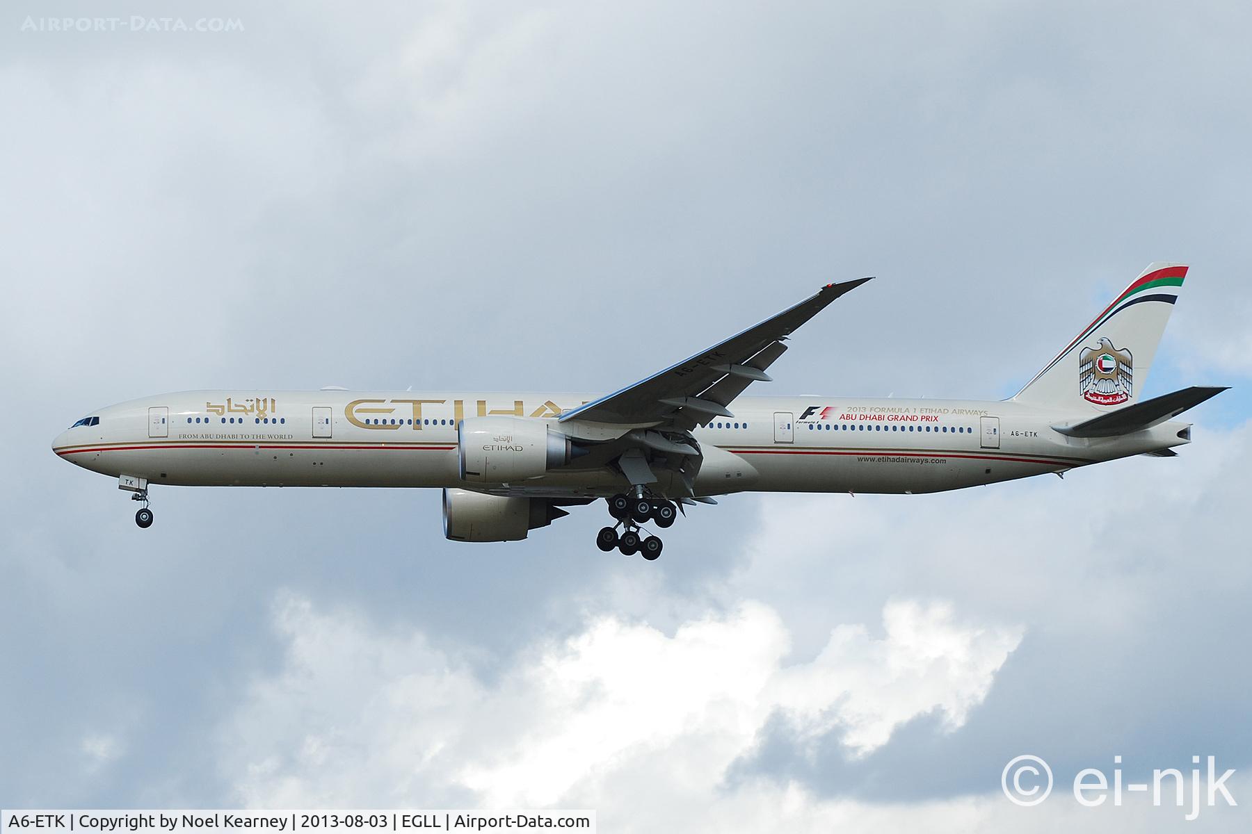 A6-ETK, 2012 Boeing 777-3FX/ER C/N 39686, Photographed landing 27R at Heathrow.