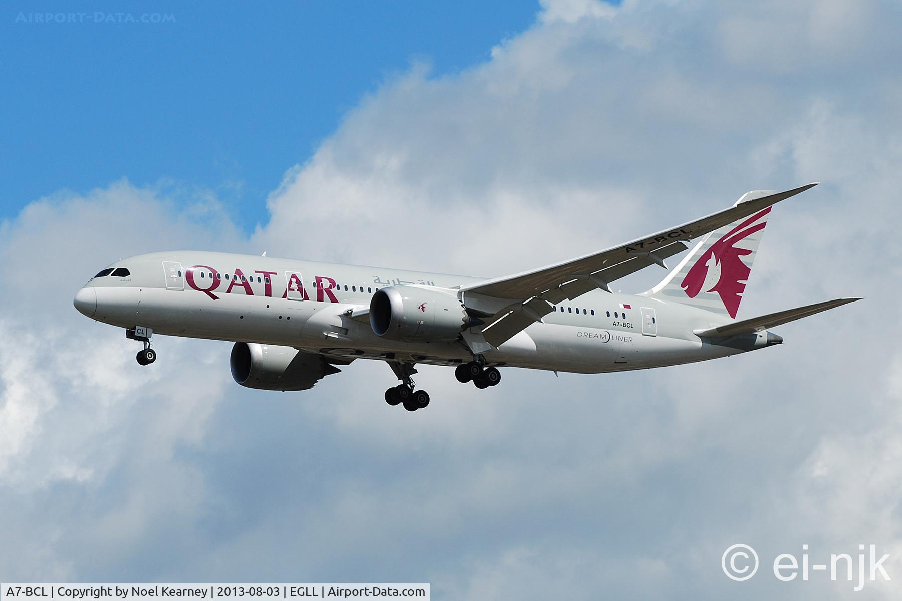 A7-BCL, 2012 Boeing 787-8 Dreamliner C/N 38330, Photographed landing 27R at Heathrow.