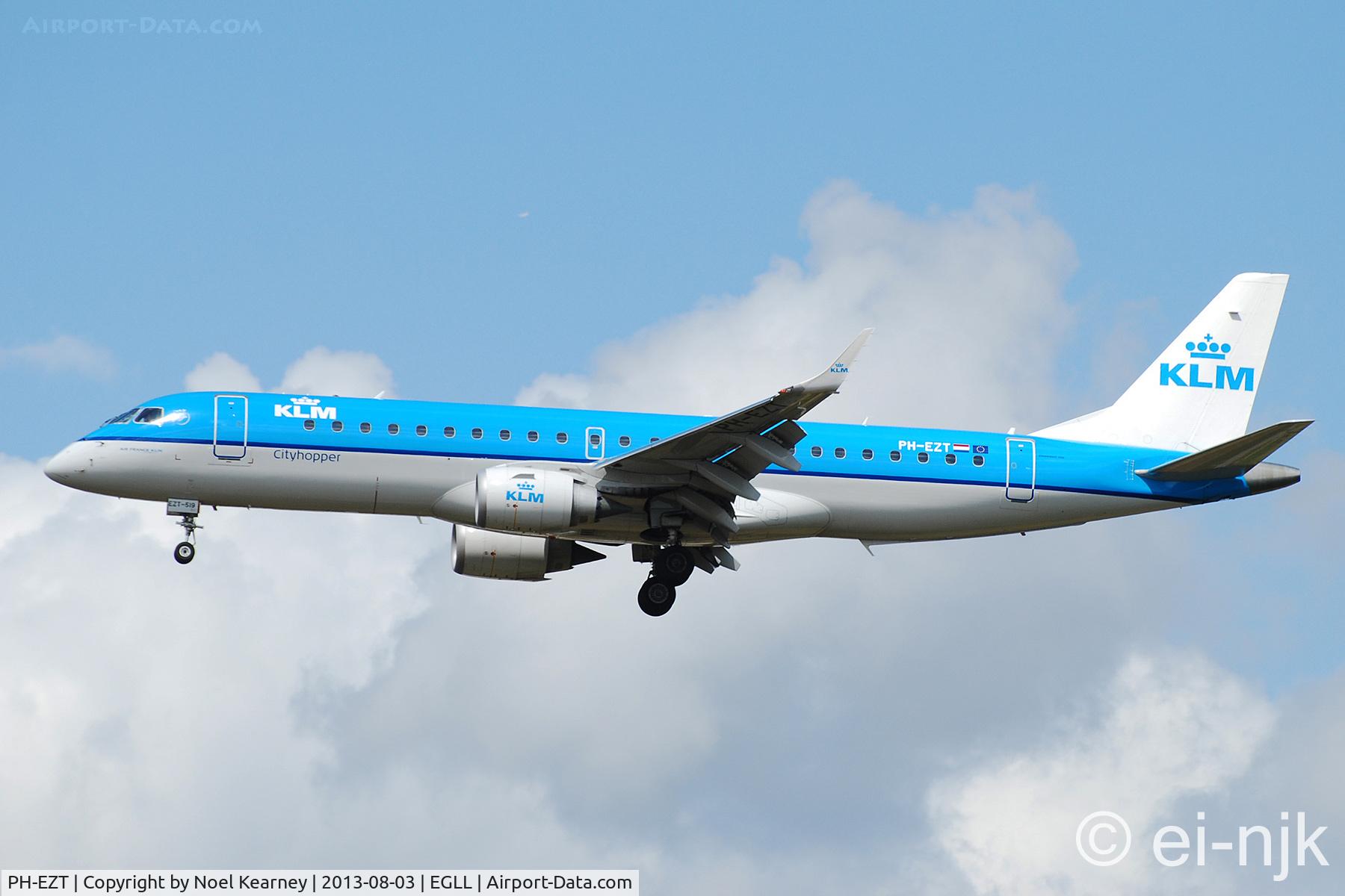 PH-EZT, 2012 Embraer 190LR (ERJ-190-100LR) C/N 19000519, Photographed landing 27R at Heathrow.