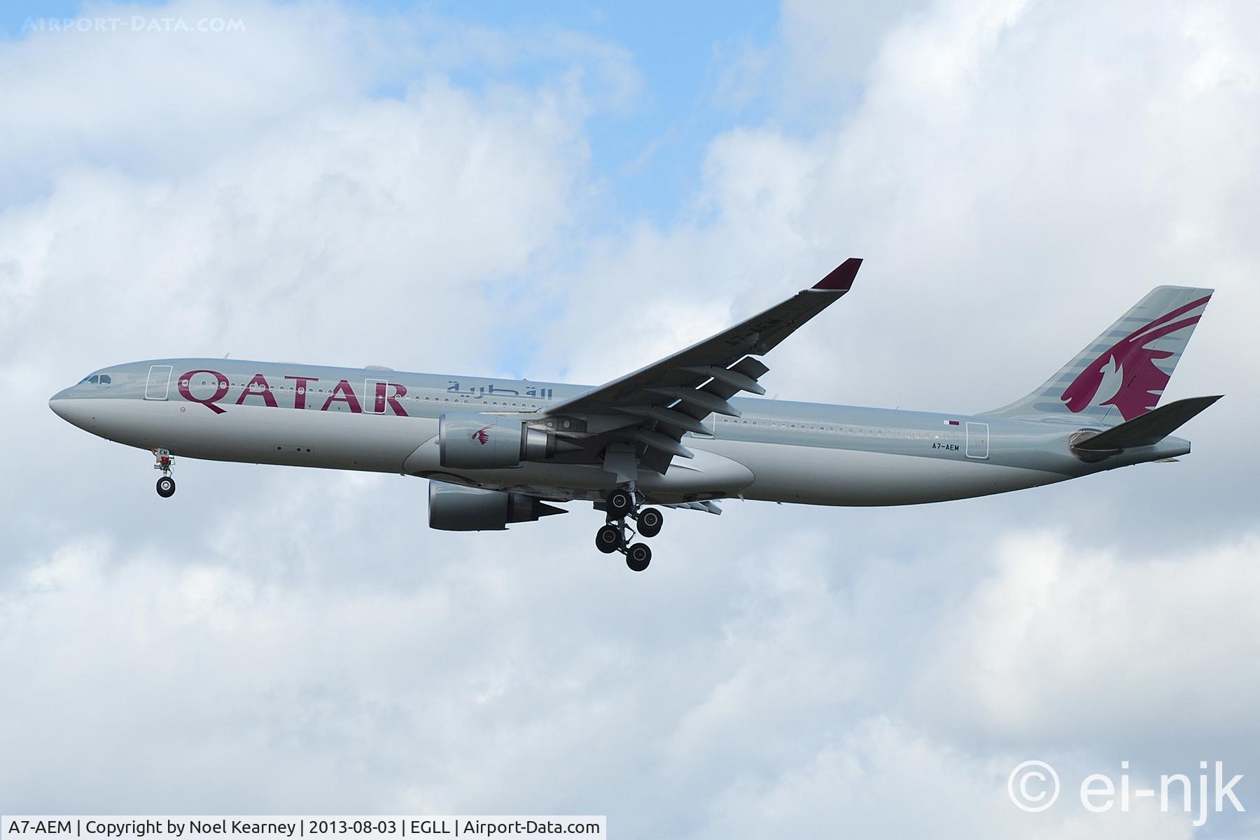 A7-AEM, 2007 Airbus A330-302 C/N 893, Photographed landing 27R at Heathrow.