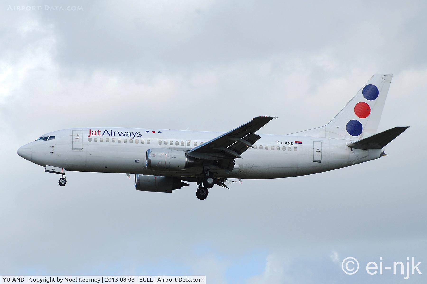 YU-AND, 1985 Boeing 737-3H9 C/N 23329/1134, Photographed landing 27R at Heathrow.