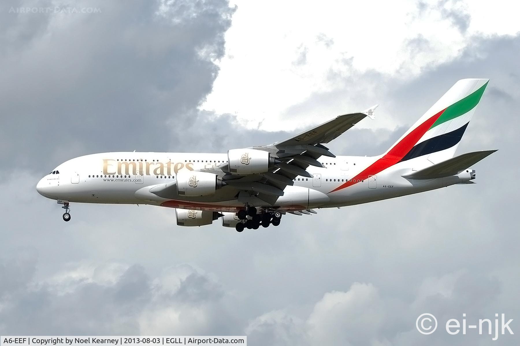 A6-EEF, 2012 Airbus A380-861 C/N 113, Photographed landing 27R at Heathrow.
