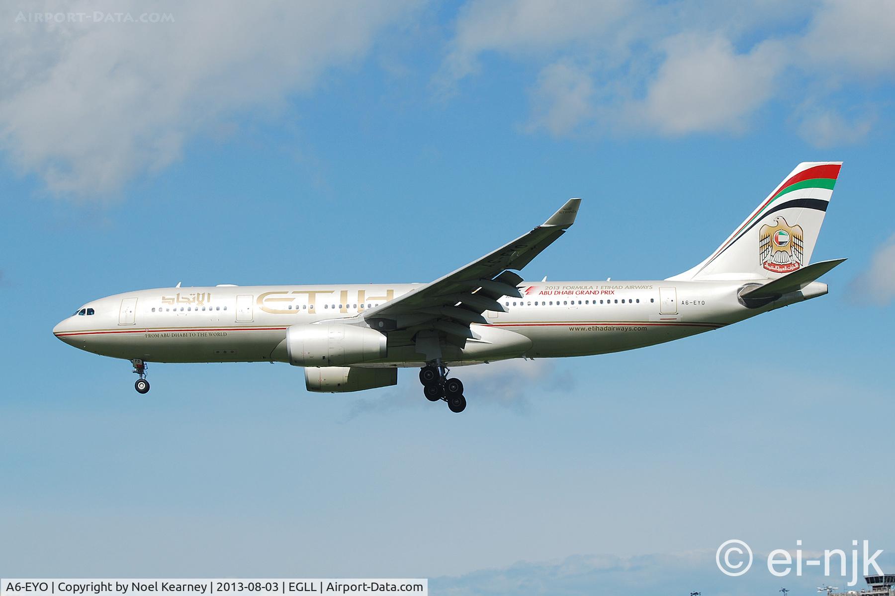 A6-EYO, 2007 Airbus A330-243 C/N 852, Photographed landing 27R at Heathrow.