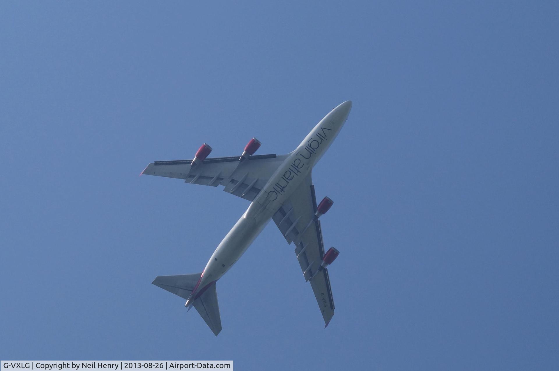 G-VXLG, 1998 Boeing 747-41R C/N 29406, Climbing after take-off eastwards from LGW - over Blindley Heath, Surrey, UK