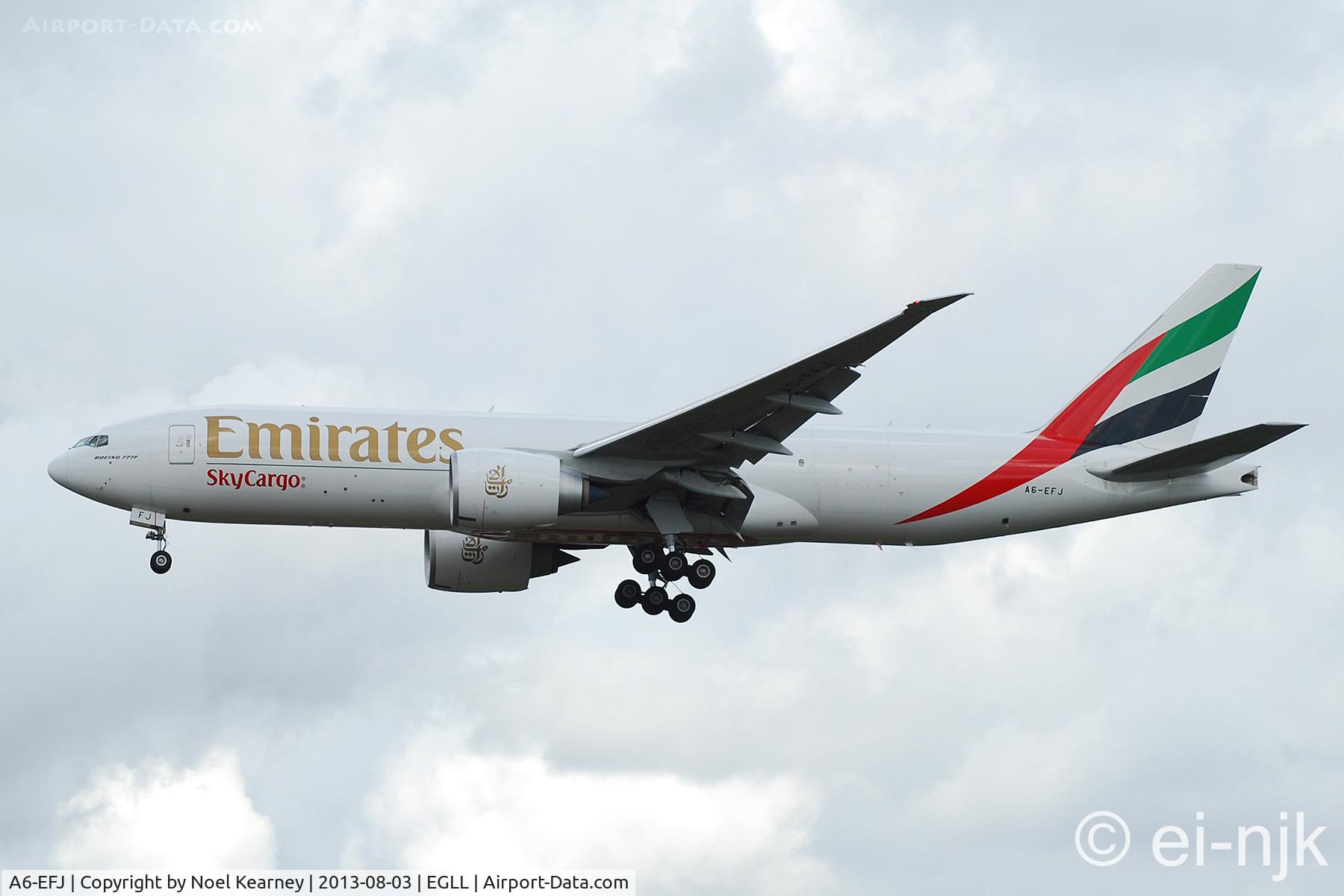 A6-EFJ, 2012 Boeing 777-F1H C/N 35610, Photographed landing 27R at Heathrow.