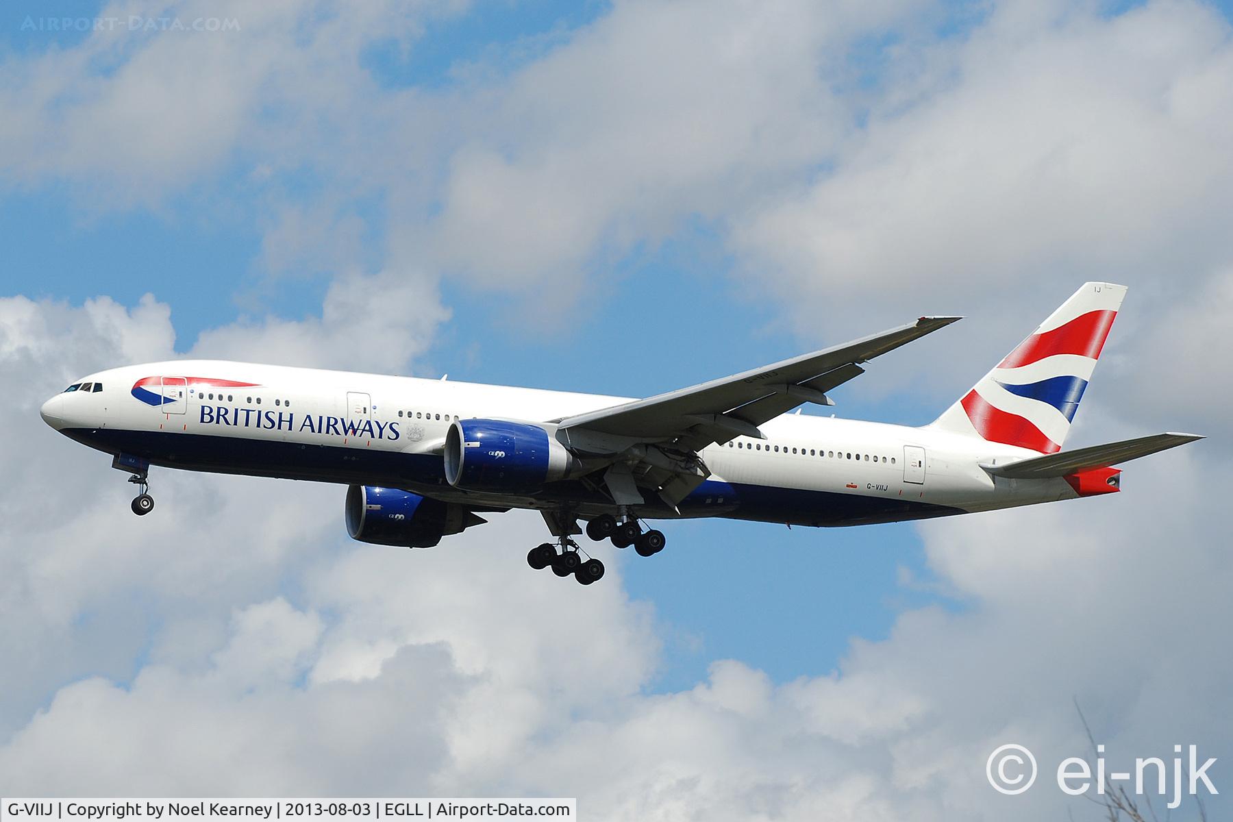G-VIIJ, 1997 Boeing 777-236/ER C/N 27492, Photographed landing 27R at Heathrow.