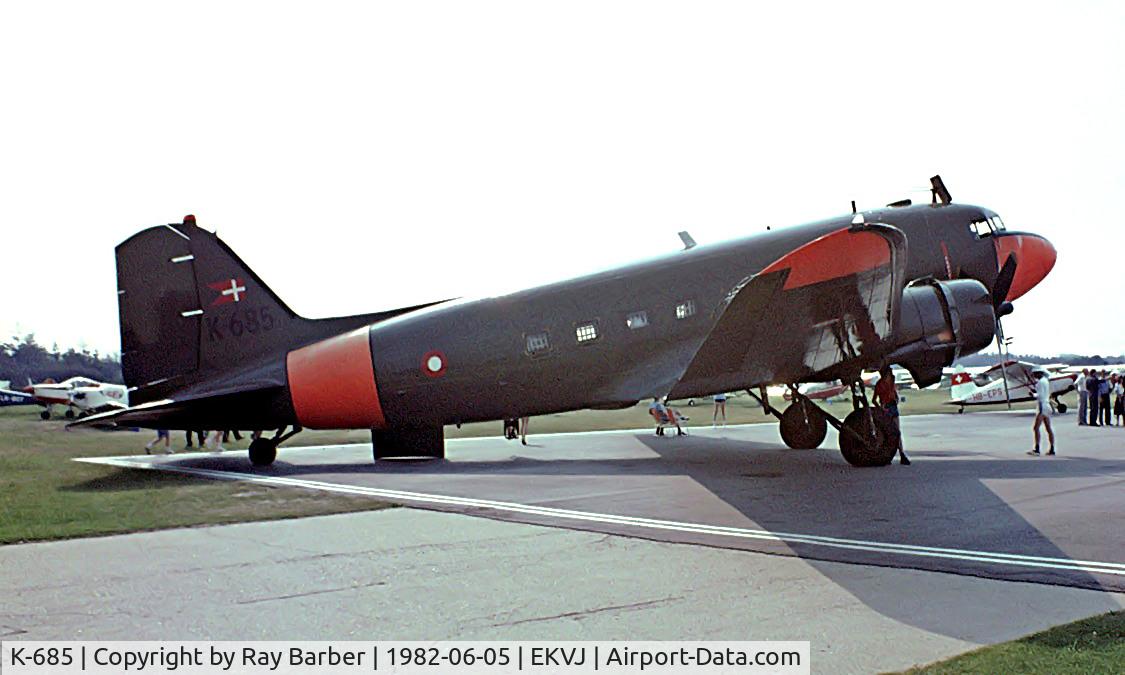 K-685, Douglas C-47A Skytrain C/N 19291, Douglas DC-3C-47A-70-DL Skytrain [19291] (Royal Danish Air Force) Stauning~OY 05/06/1982. Image taken from a slide.