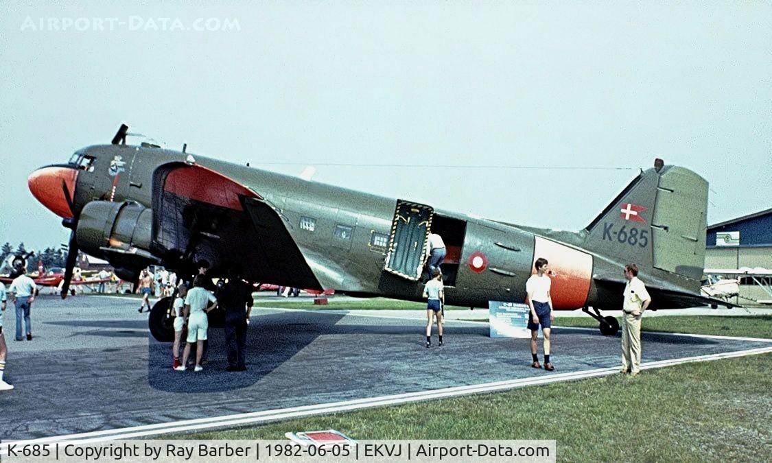 K-685, Douglas C-47A Skytrain C/N 19291, Douglas DC-3C-47A-70-DL Skytrain [19291] (Royal Danish Air Force) Stauning~OY 05/06/1982. Image taken from a slide.