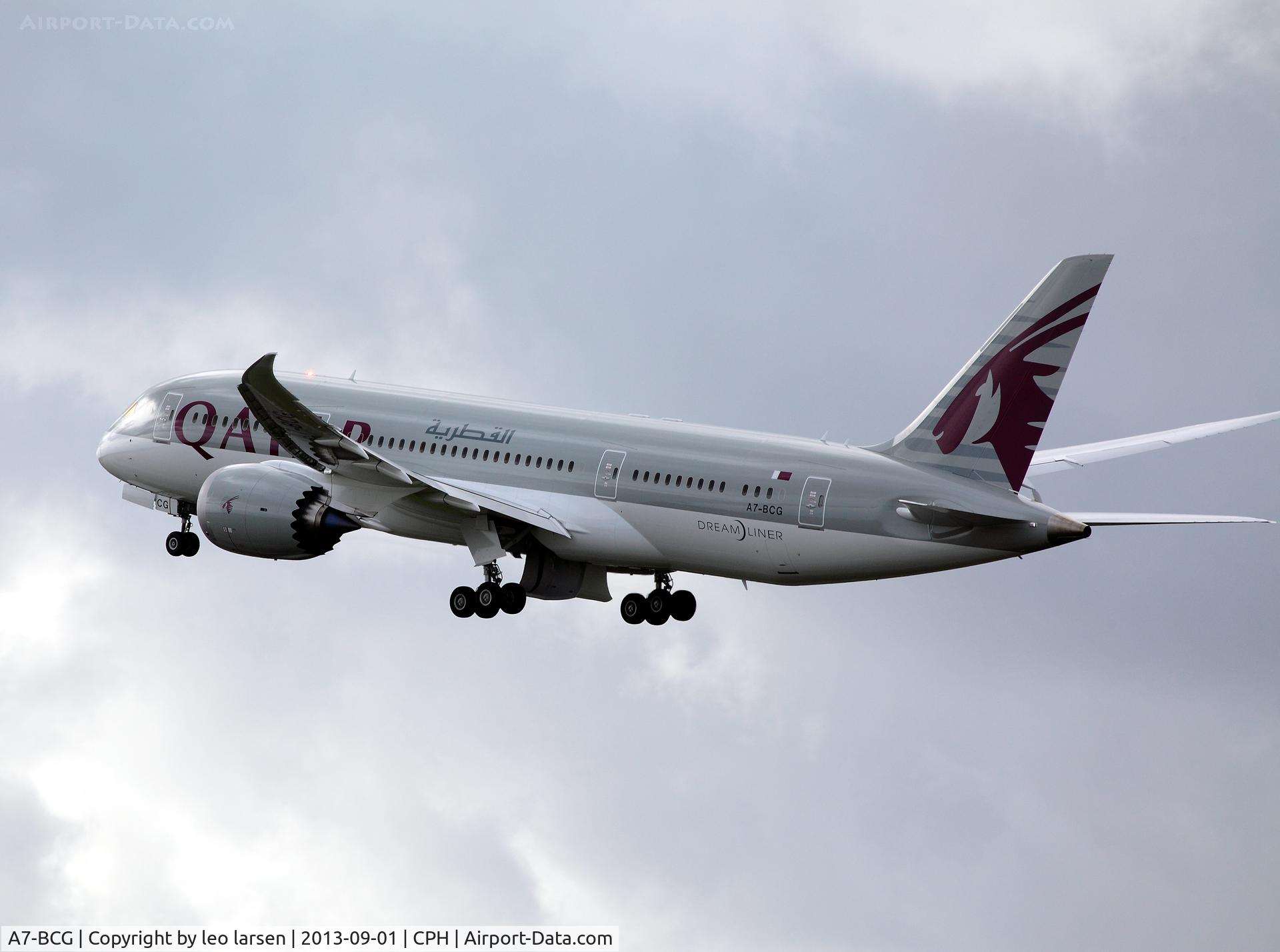 A7-BCG, 2013 Boeing 787-8 Dreamliner C/N 38325, Dreamliner T/O in partly cloud.
