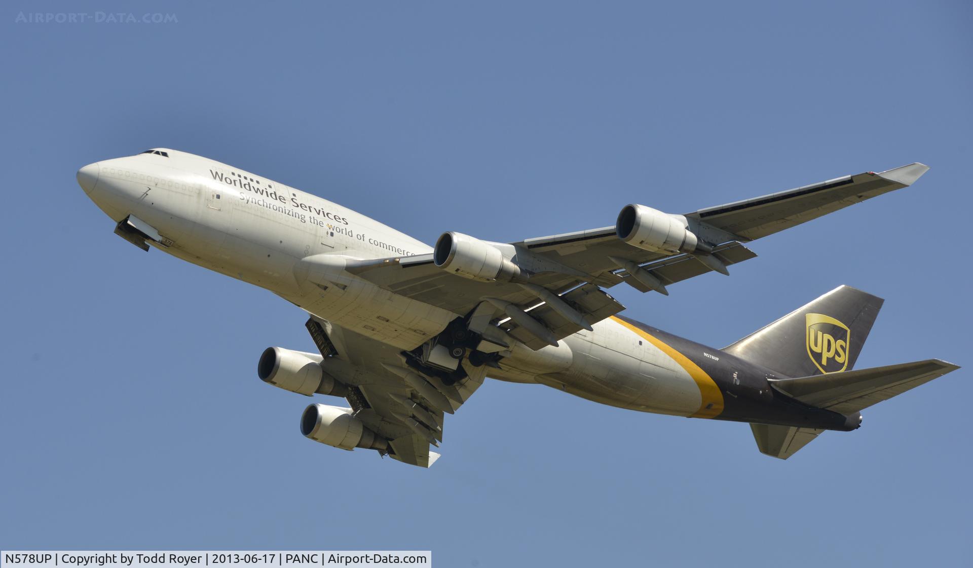N578UP, 1993 Boeing 747-45EM(BCF) C/N 27154, Departing Anchorage