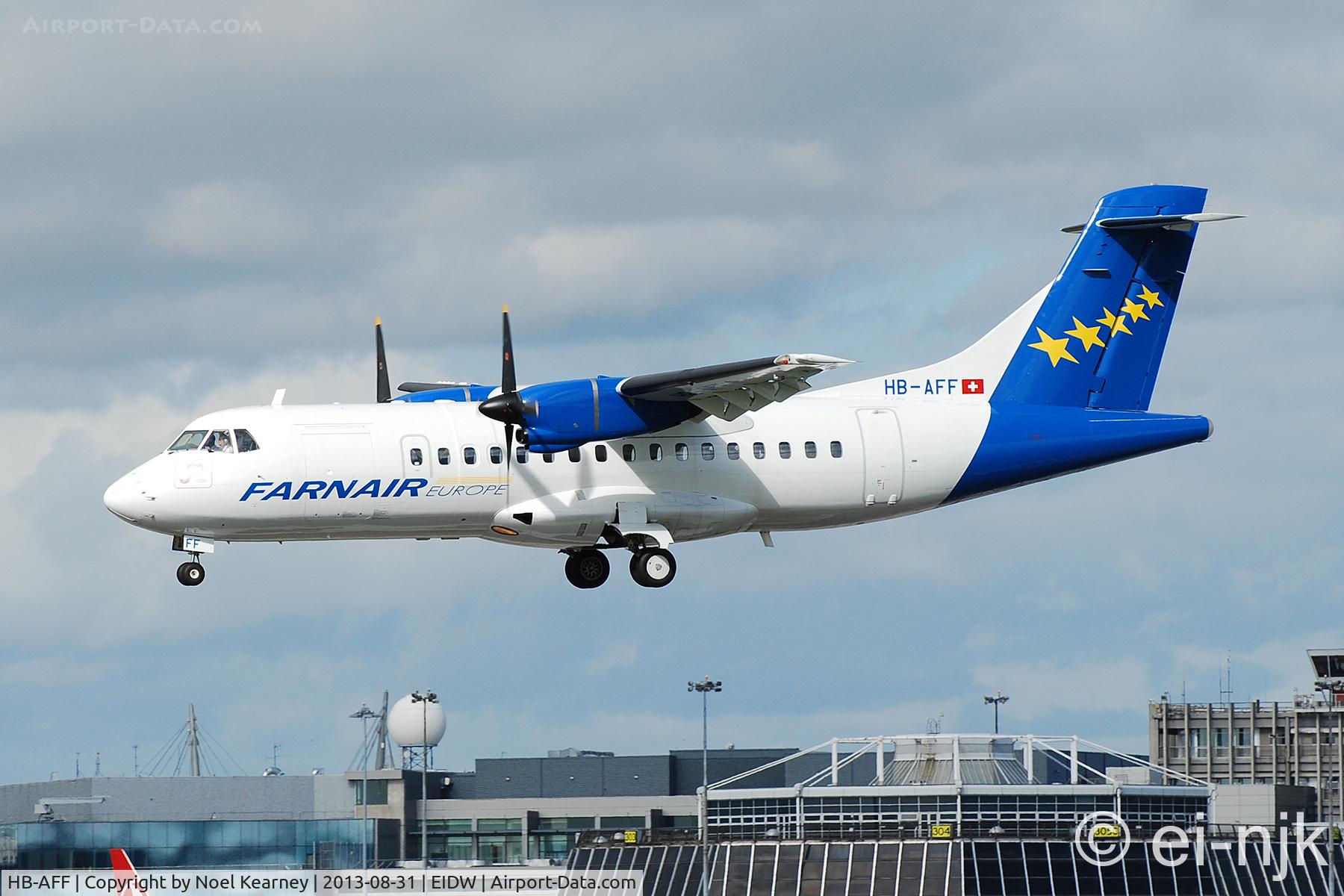 HB-AFF, 1991 ATR 42-320 C/N 264, Operated by Farnair and seen Landing Rwy 28 at Dublin.
